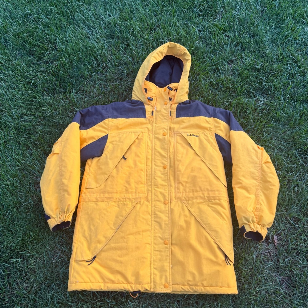 A+ LL Bean Womens Yellow Black Colorblock Thinsulate Hooded Parka Jacket Large
